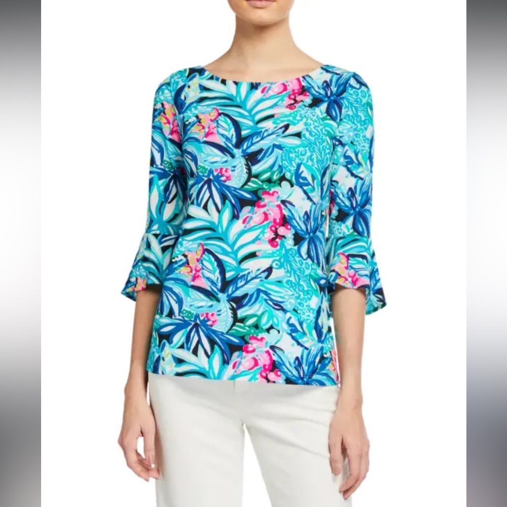 Lilly Pulitzer Porto Blue Fontaine Tropical Toucan Floral Top LARGE NWOT - Picture 2 of 15